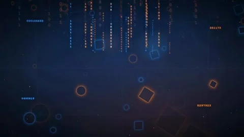 Abstract Digital Data Stream with Floating Geometric Shapes and Binary Code on Stock Footage 336778816