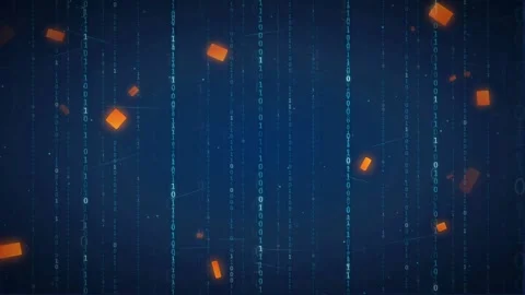 Abstract Digital Data Stream with Floating Orange Cubes and Binary Code on Dark Stock Footage 336780482