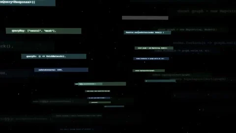 Abstract digital data stream with floating code snippets and programming syntax Stock Footage 336780672