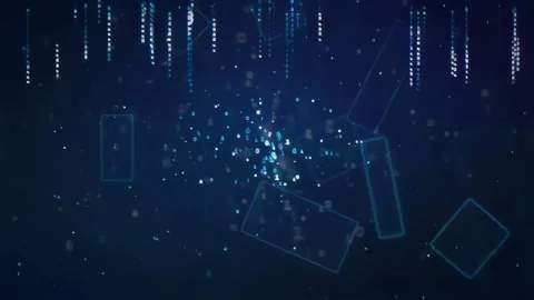 Abstract Digital Data Stream with Floating Blue Geometric Shapes and Glowing Stock Footage 336780961
