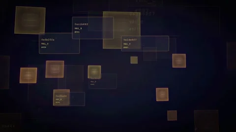 Abstract digital data stream with floating golden squares and binary code on Video stock 339316430