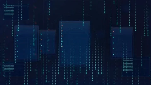 Abstract digital data stream with floating holographic interfaces and falling Stock Footage 339319212