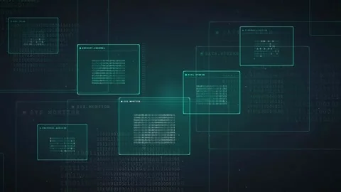 Abstract Digital Data Stream with Floating Holographic Interface Panels on Dark Stock Footage 339321628