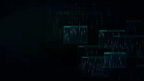 Abstract Digital Data Stream with Floating Blue Interface Windows on Dark Stock Footage 339322000