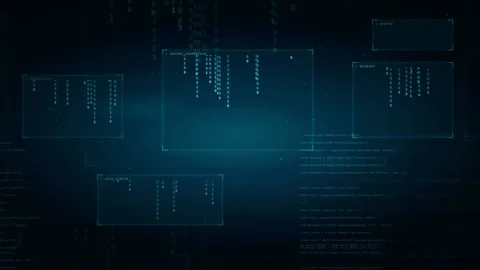 Abstract Digital Data Stream with Floating Holographic Interface Screens on Stock Footage 339322024