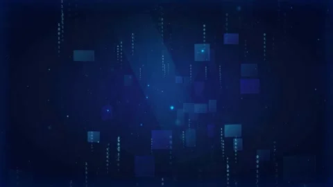 Abstract Digital Data Stream with Floating Blue Cubes and Binary Code on Dark Stock Footage 339322080
