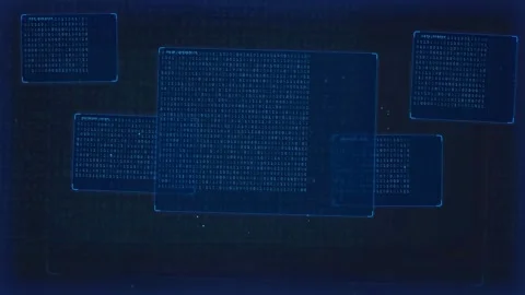 Abstract Digital Data Stream with Floating Blue Code Windows on Dark Stock Footage 339323283