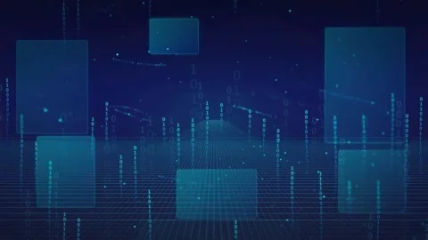 Abstract Digital Data Stream with Floating Blue Screens and Binary Code in Stock Footage 339324382