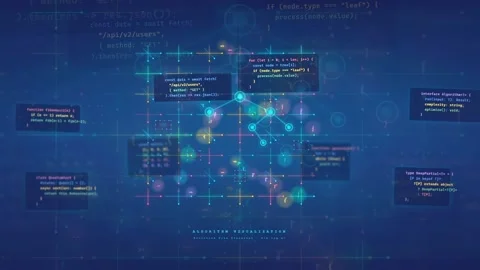 Abstract Digital Data Stream with Floating Code Blocks and Glowing Network Stock Footage 339954263