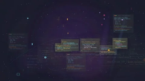 Abstract Digital Data Stream with Floating Code Windows on Dark Purple Stock Footage 339958659