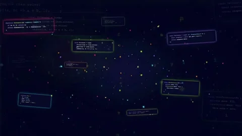 Abstract Digital Data Stream with Floating Code Blocks and Glowing Particles on Stock Footage 339959883