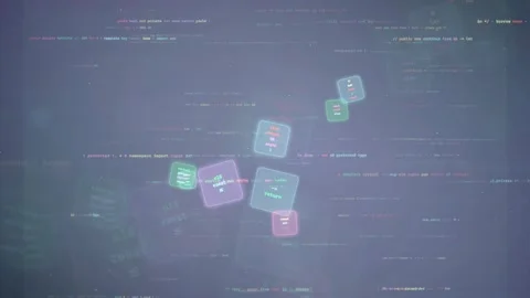 Abstract Digital Data Stream with Floating Code Blocks and Glowing Particles on Stock Footage 339964612