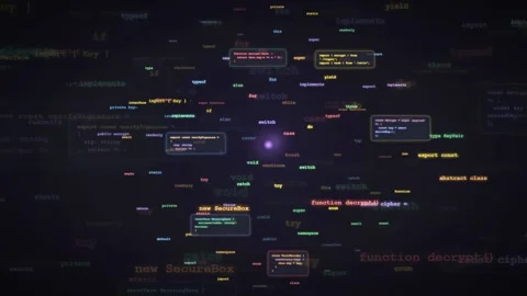 Abstract Digital Data Stream with Floating Programming Code and Glowing Network Stock Footage 339966288