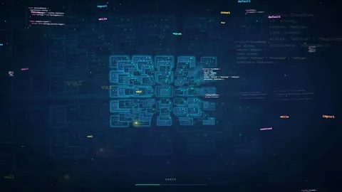 Abstract Digital Data Stream with Floating Code and Complex Circuitry Interface Stock Footage 339967521