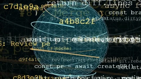 Abstract Digital Data Stream with Floating Code and Glowing Sphere on Dark Stock Footage 339973618