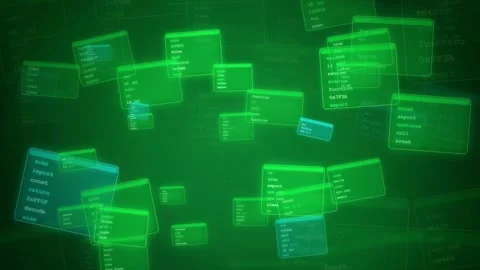 Abstract Digital Data Stream with Floating Green Code Windows and Programming Vídeo Stock 341829712