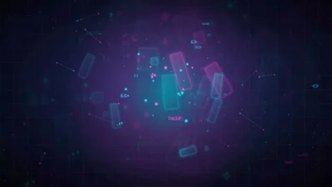 Abstract Digital Data Stream with Floating Geometric Cubes and Glowing Code in 動画素材 341831062