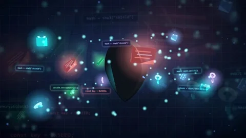 Abstract Digital Data Stream with Floating Security Icons and Programming Code Video stock 341834438