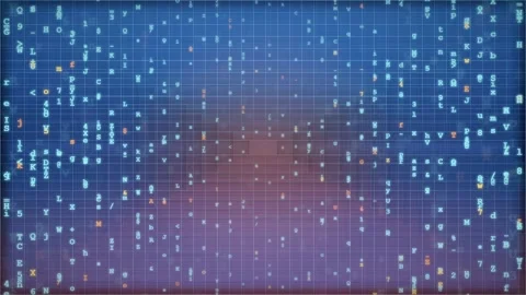 Abstract digital data stream with floating characters and numbers on a blue Vidéo 343157921