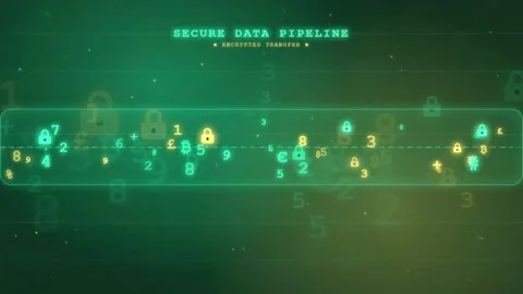 Abstract digital data stream with floating numbers and security locks in a 스톡 동영상 343162838