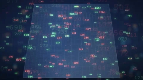 Abstract Digital Data Stream with Floating Numbers and Grid Over Dark Blue Stockbeeldmateriaal 343870719