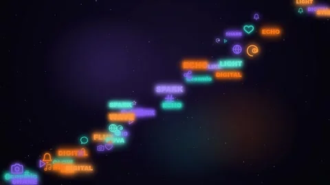 Abstract digital data stream with floating social media icons and glowing text Stock Footage 344773397
