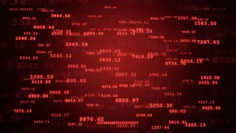 Abstract digital data stream with flowing red numbers and financial statistics Stock Footage 343443479