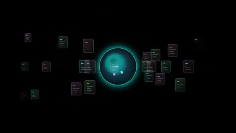 Abstract digital data stream flowing into glowing central core with surroun.. Video stock 345984024