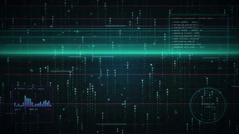 Abstract digital data stream with flowing binary code and futuristic hud Stock-Footage 346210719