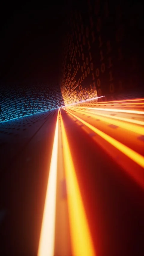 Abstract digital data stream with flying orange light trails and binary cod.. Stock Footage 332318167