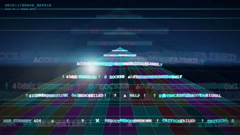 Abstract digital data stream with glitching code and system error warnings on Stock Footage 341828299