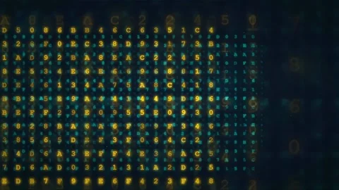 Abstract Digital Data Stream with Glowing Golden Hexadecimal Code on Dark Blue Stock Footage 336772731