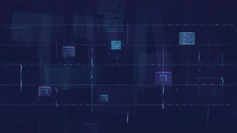 Abstract Digital Data Stream with Glowing Geometric Elements on Dark Blue Stock Footage 339316968
