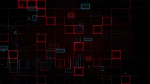 Abstract Digital Data Stream with Glowing Red and Blue Geometric Squares on Stock Footage 339318223