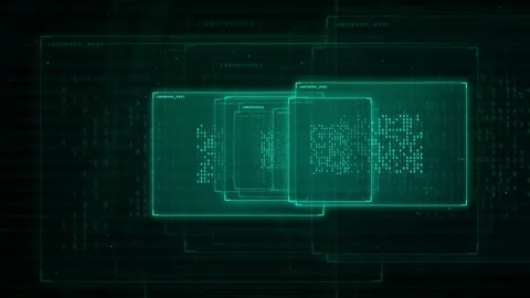 Abstract Digital Data Stream with Glowing Cyan Holographic Screens and Binary Stock Footage 339320367