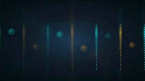 Abstract digital data stream with glowing blue and gold binary code particles Stock Footage 339321502