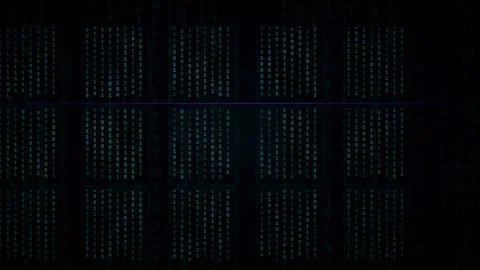 Abstract digital data stream with glowing blue binary code blocks on a dark Stock Footage 339322209