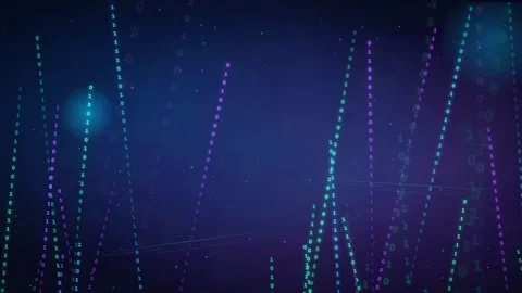 Abstract digital data stream with glowing purple and teal particles moving in Stock Footage 339323619