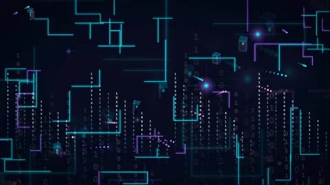 Abstract Digital Data Stream with Glowing Blue and Purple Circuit Lines and Stock Footage 339323898