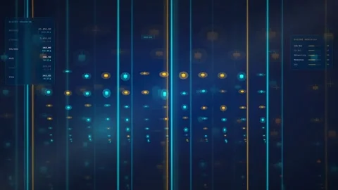 Abstract digital data stream with glowing blue and gold vertical lines and 库存影片 340398379