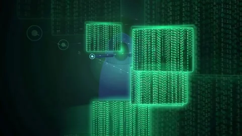 Abstract digital data stream with glowing green binary code blocks and Stock Footage 341820310