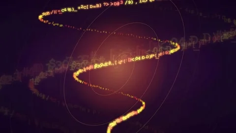Abstract digital data stream with glowing golden particles and binary code on Vidéo 341825941