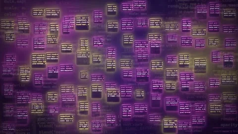 Abstract Digital Data Stream with Glowing Purple Code Blocks and Floating Stock Footage 341826667