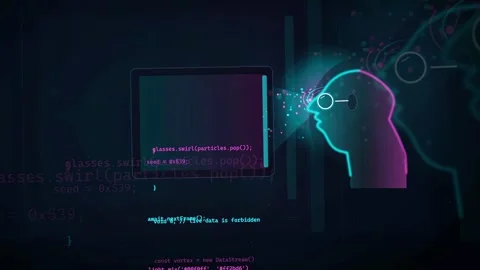 Abstract Digital Data Stream with Glowing Code and Futuristic Human Profile Stock Footage 343151823