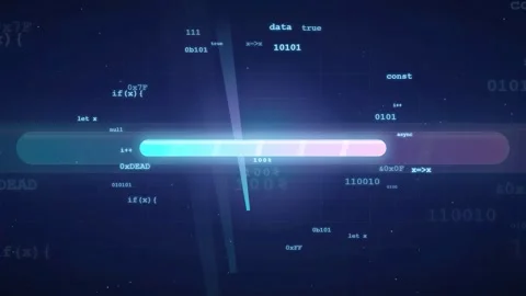 Abstract digital data stream with glowing loading bar and floating binary code Video stock 343154227