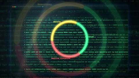 Abstract digital data stream with glowing colorful circles and scrolling Stock Footage 343157263