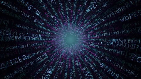 Abstract digital data stream with glowing code characters flying towards camera Video stock 343157841
