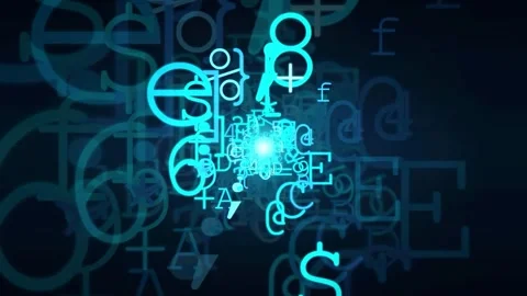 Abstract digital data stream with glowing blue letters and mathematical symbols Видео 343161909