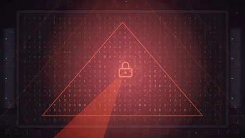 Abstract digital data stream with glowing red triangle and binary code on dark Stock-Footage 343162153