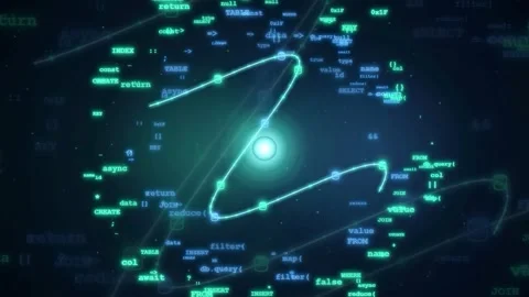 Abstract digital data stream with glowing lines and floating computer code on Stockbeeldmateriaal 343162180
